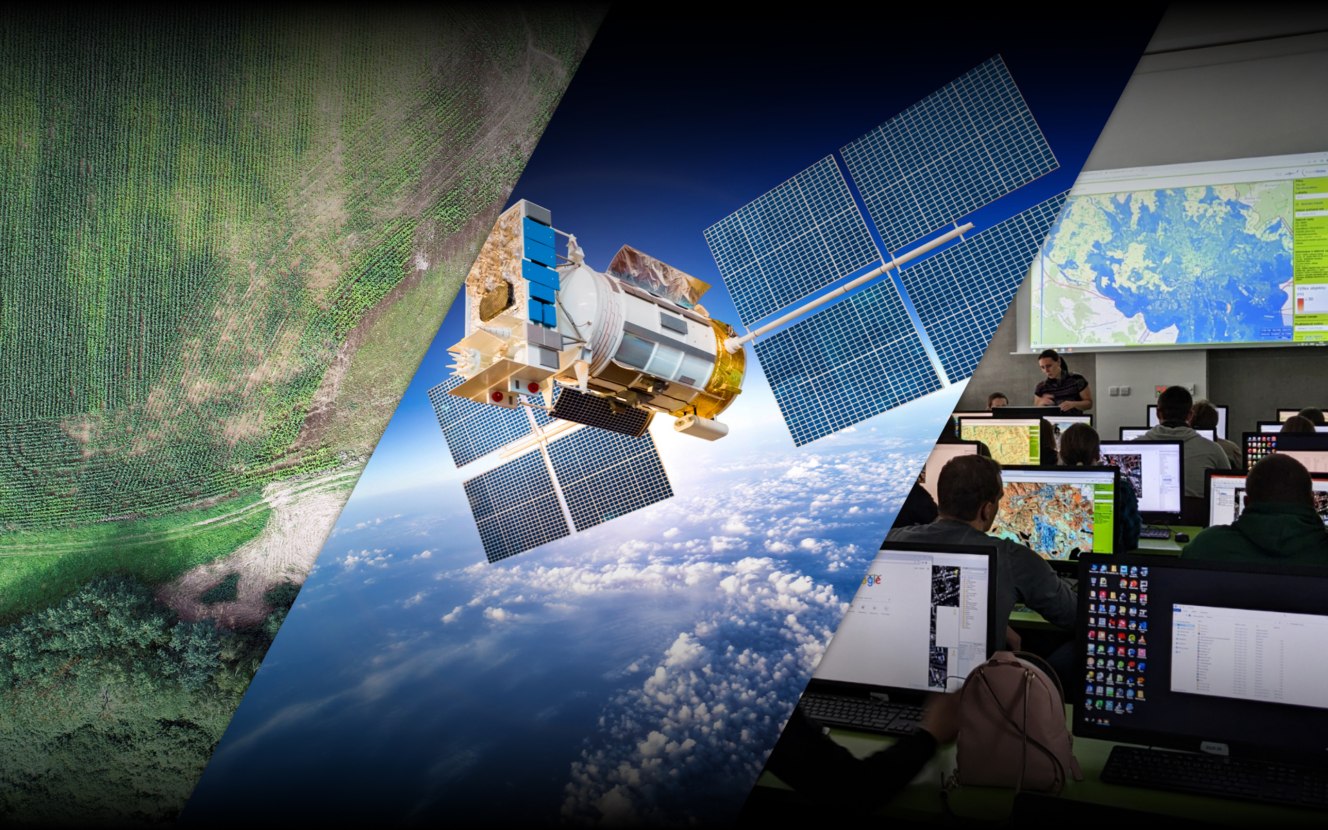 Graphic consist of three pictures. Land from drone, satelite in orbit, classroom.